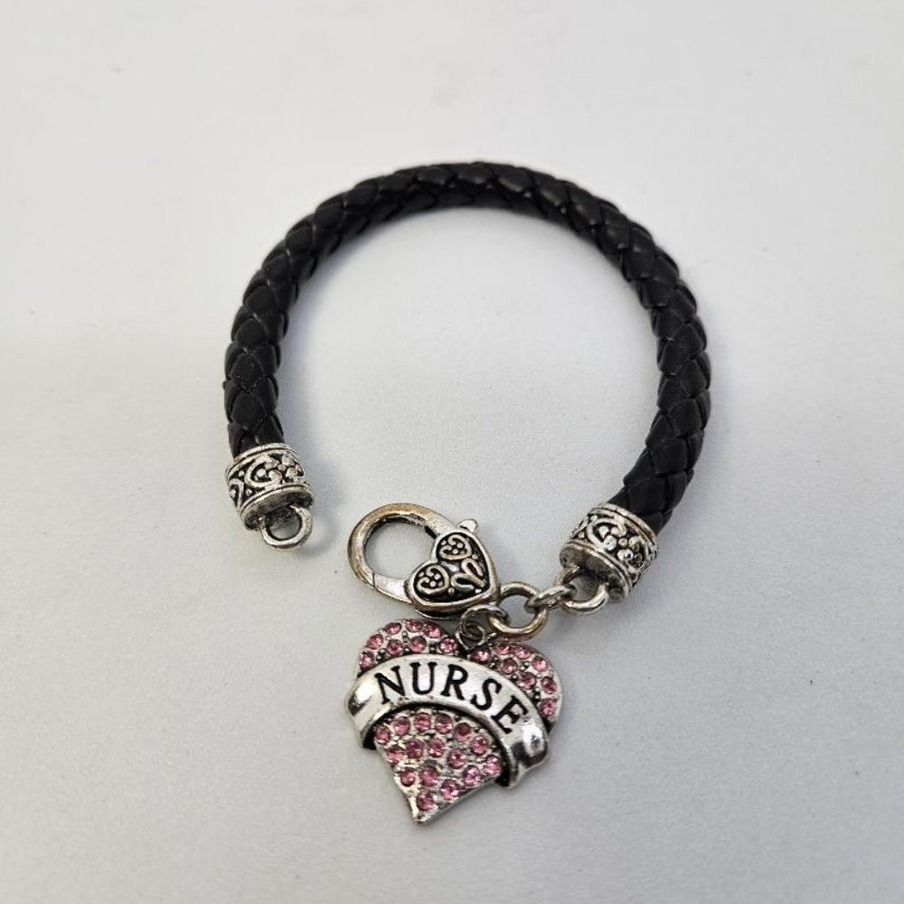 Silver Plated Leather Bracelet with Pink Crystal Nurse Charm size 7.5" Inches